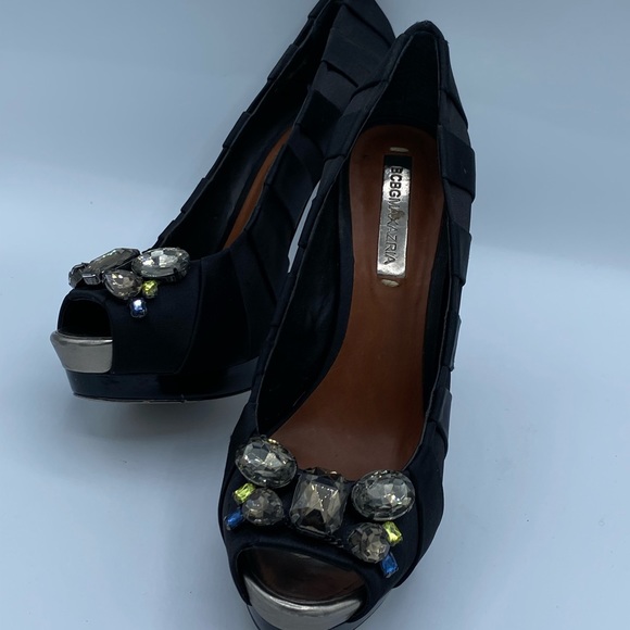 BCBG "LAURYN" BLACK SATIN PLEATED PEEP TOE PU - Picture 4 of 16